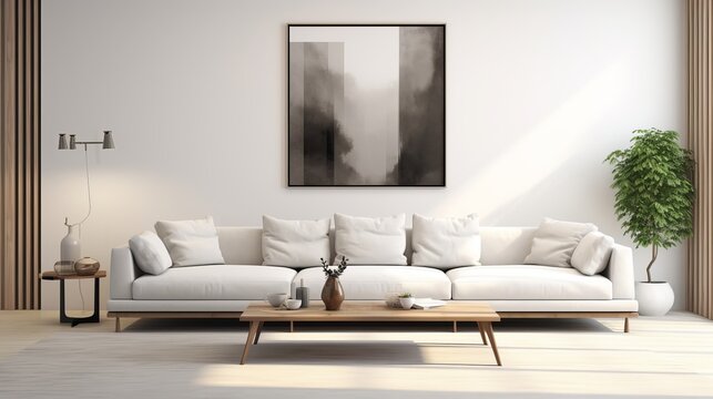 An illustration of a modern and minimalist living room decoration rendered in 3d.