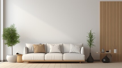 An illustration of a modern and minimalist living room decoration rendered in 3d.
