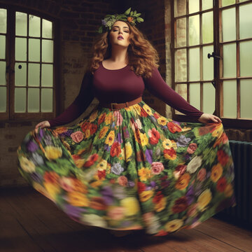 Mannequin grande taille, dansant dans une jupe &agrave; fleurs avec une couronne dans les cheveux, mode plus-size, illustration po&eacute;tique