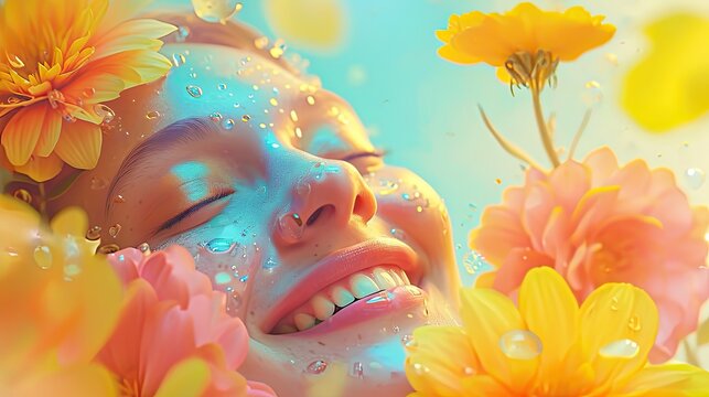 Beautiful young woman with closed eyes and creative make-up surrounded by flowers