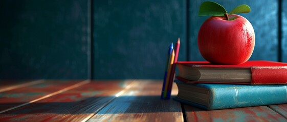 Ready for school concept background. School books with fresh apple and copy space. 3D Rendering, 3D Illustration - obrazy, fototapety, plakaty