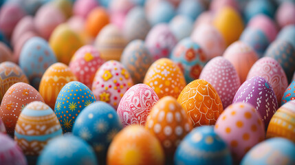 Beautiful colorful easter eggs close-up background. Pastel colored eggs with cute pattern