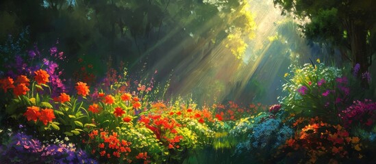 Fototapeta na wymiar Captivating Morning Sunlight Illuminates a Vibrant Flower Garden