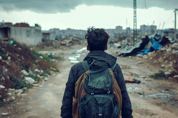 A refugee walks through the ruins Migration Day December 18