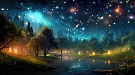 Enchanted forest landscape with mystic river and starry sky. Fantasy and imagination.