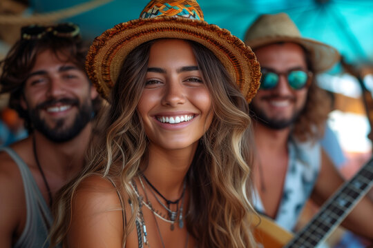 Music Band Of Young People Playing Acoustic Guitar Together On A Beach Bar, Performer Group, Summer And Holiday