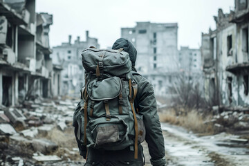 A refugee walks through the ruins Migration Day December 18