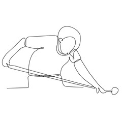 One line drawing of beautiful woman playing pool in pool hall vector illustration. Indoor sports recreation game concept. Modern continuous line drawing design