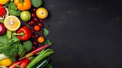 The arrangement of vegetables and fruits in a flatlay.