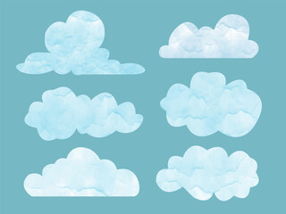 Cute colorful watercolor blue fluffy cloud elements