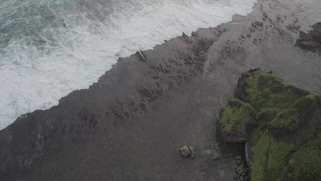 Aerial drone view of a coral cliff beach with black sand, forest and calm waves. Taken place in Bali beach, tropical beach view.