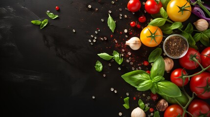 The idea of a food background concept with a variety of fresh ingredients that can be used to prepare italian food. view from above with copy space.