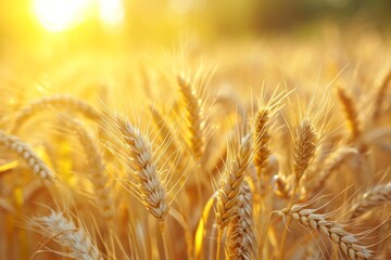 Close-up of golden wheat ears. Harvest concept. Endless wheat field on late summertime, backlight by the warm setting sun. Creative background, shallow depth of the field.