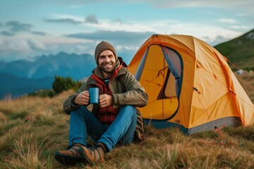 Man Sitting in Front of Tent With Cup of Coffee in a Forest Clearing