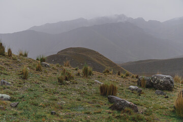 Obraz premium mountain top view, mountains on the horizon under fog and rain 