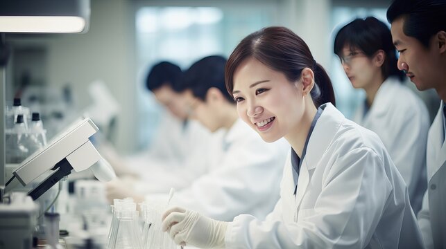 There is a group of scientists working in the laboratory.