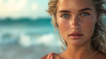 closeup portrait of a young, sensual model woman on the beach looking at camera