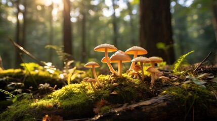 Trees in the forest have mushrooms growing on them. - obrazy, fototapety, plakaty