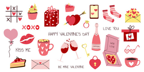Vector set for Valentine's Day. Different romantic objects. Valentine's Day elements set in hand drawn style. Heart, champagne, glasses, pizza, cups, ring, envelope. White isolated background.  - obrazy, fototapety, plakaty