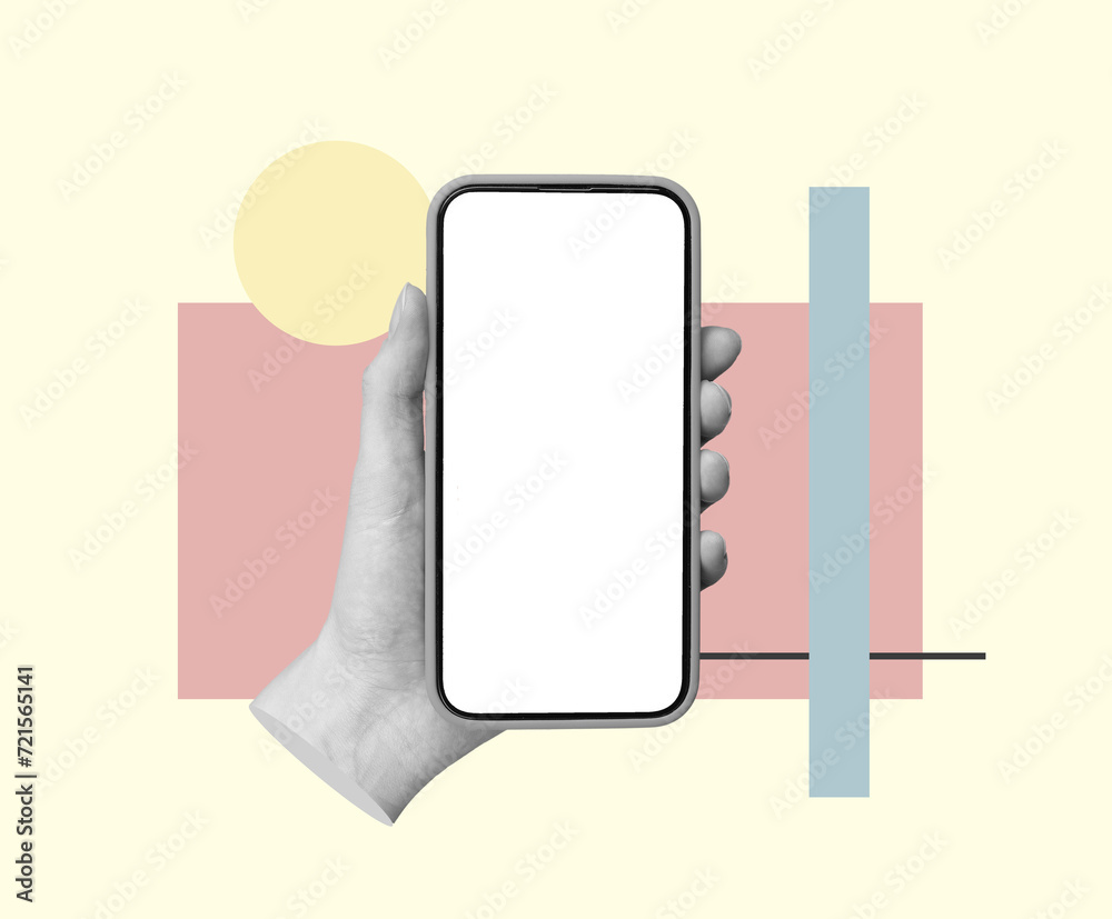 Poster mobile phone mockup, smartphone screen mock up in hand. cellphone display with geometric shapes