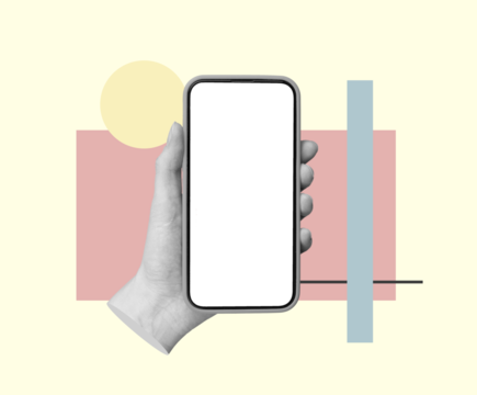 Mobile phone mockup, smartphone screen mock up in hand. Cellphone display with geometric shapes