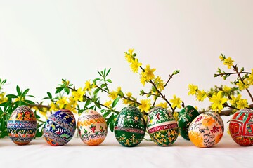 Hand-painted Easter eggs against a background of spring flowers.