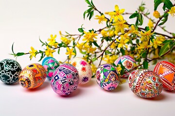 A spring composition of yellow flowers and Easter eggs.