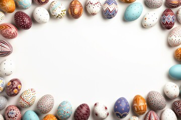 Beautiful colorful easter eggs background in various sizes, in different patterns and colors, top view on white table, copy space for text