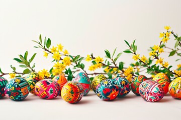 Easter eggs painted in folk patterns lie next to branches with yellow flowers.