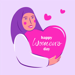 Set  of different women with hearts in their hands. 8 march. Happy women's day card concept. Cute happy women with smiles. 