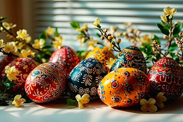 Close-up of coloured Easter eggs lying against the window.