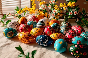 Traditional painted Easter eggs lie on the windowsill illuminated by the sun.