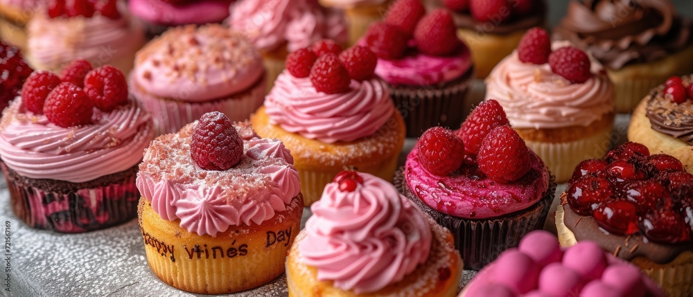 Sticker  a table topped with lots of cupcakes covered in frosting and topped with raspberries and raspberries on top of each one of the cupcake.