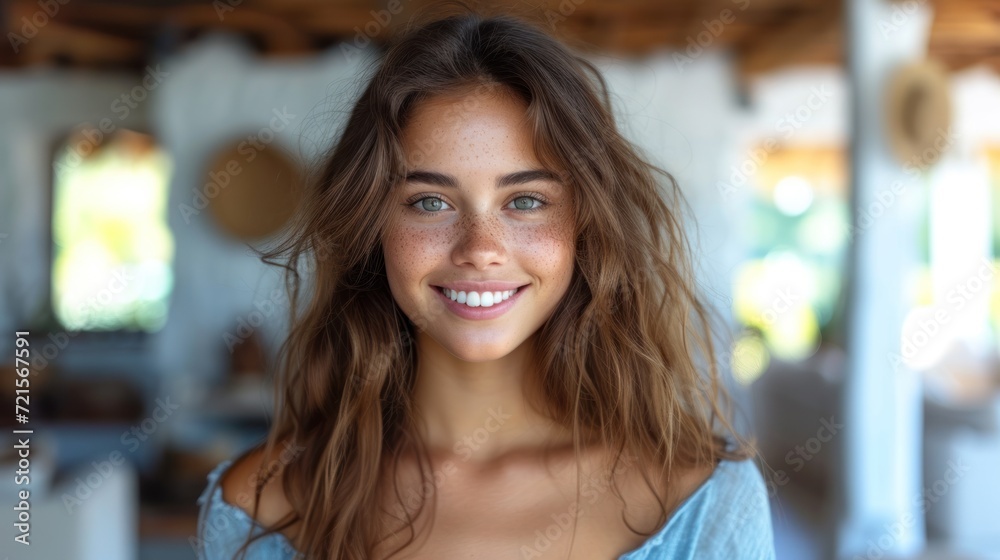 Poster  a close up of a person wearing a blue shirt and smiling at the camera with a blurry background of a room with windows and a woman in the foreground.