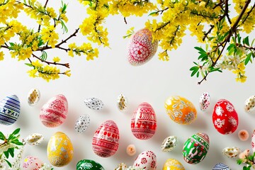 Easter eggs in various colours and sizes lie on a white tabletop.