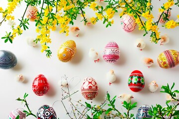 Handcrafted Easter eggs in intricate patterns seen from above.