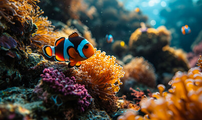 Naklejka na ściany i meble Vibrant Clownfish Swimming Through Colorful Coral Reef, a Spectacle of Marine Life Showcasing Underwater Biodiversity and the Beauty of Ocean Ecosystems