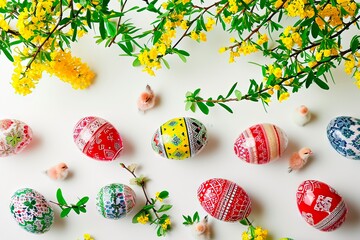 Hand-painted Easter eggs in patterns seen from above on a white background.