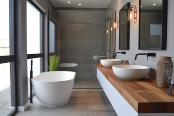 Fototapeta na wymiar Interior of modern minimalist eco-style bathroom in luxury villa. Grey textured walls, wall-hung wooden cabinet with surface-mounted sinks, freestanding bath, indoor plants, panoramic window.