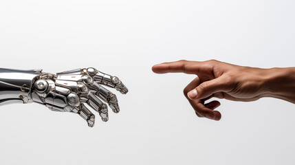 Robotic Cyborg's hands meet the two index fingers on a white background, copy space