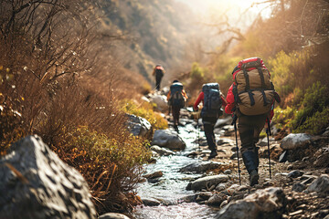 A group of backpackers hiking through rough terrain with equipment.