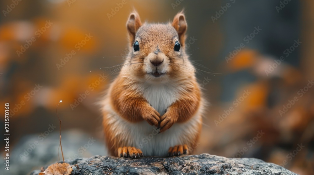 Canvas Prints  a close up of a squirrel standing on a rock with its paws on it's chest and looking at the camera, with a blurry background of leaves.