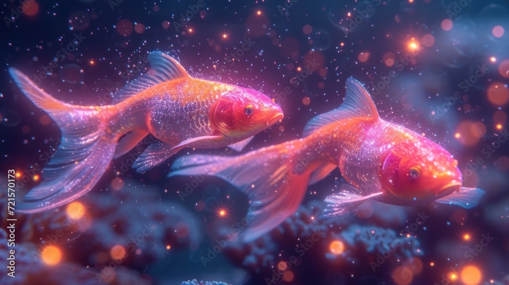 Wall mural  a couple of goldfish swimming next to each other on top of a blue and purple background with bubbles of light coming from the top of the fish's head.