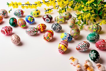 Eggs painted with coloured paints to celebrate Easter.