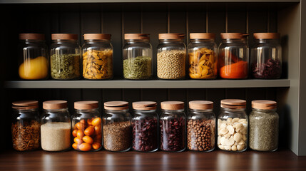Set of glass jars with different spices. Healthy balanced food ingredients, sustainable lifestyle, zero waste storage idea, eco friendly concept.