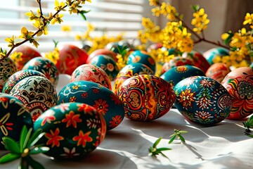 A close-up view of hand-painted Easter eggs illuminated by the sun's rays.