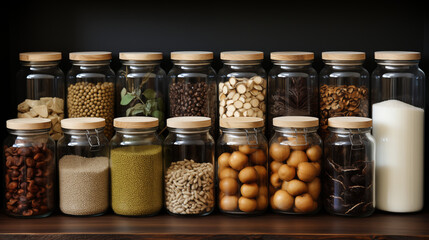 Set of glass jars with different spices. Healthy balanced food ingredients, sustainable lifestyle, zero waste storage idea, eco friendly concept.