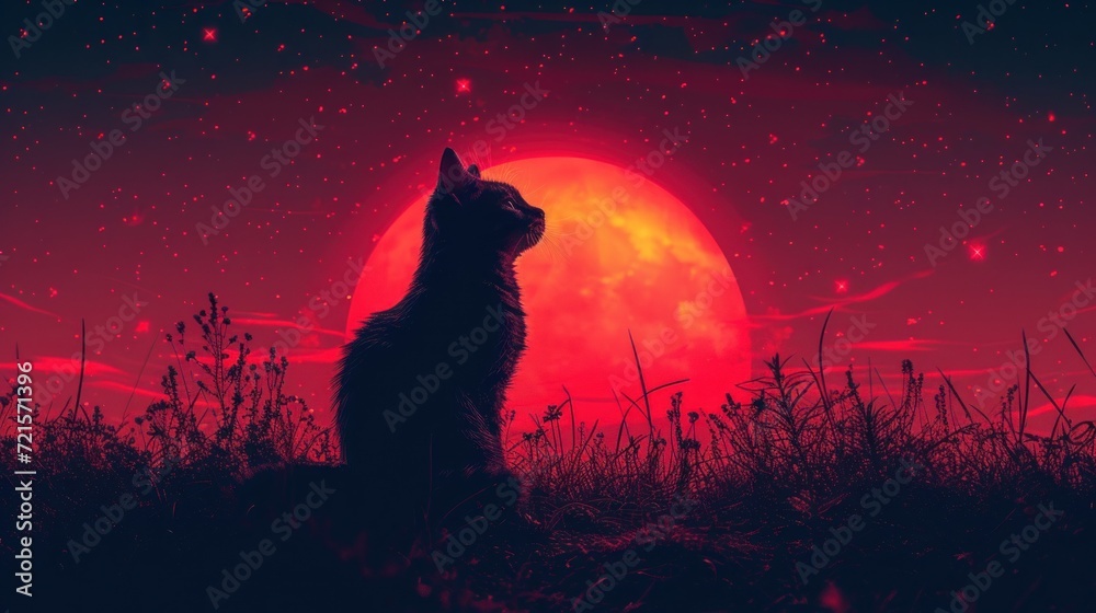 Canvas Prints  a cat sitting in the grass looking up at a red ball of fire in the sky with the moon in the background and stars in the sky in the background.