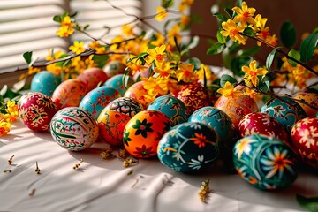 Many colourful Easter eggs lie on a white crumpled tablecloth.