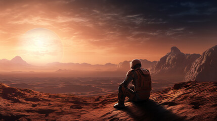 Fototapeta na wymiar One astronaut spaceman planet Mars surface colony. Desktop banner, Video games